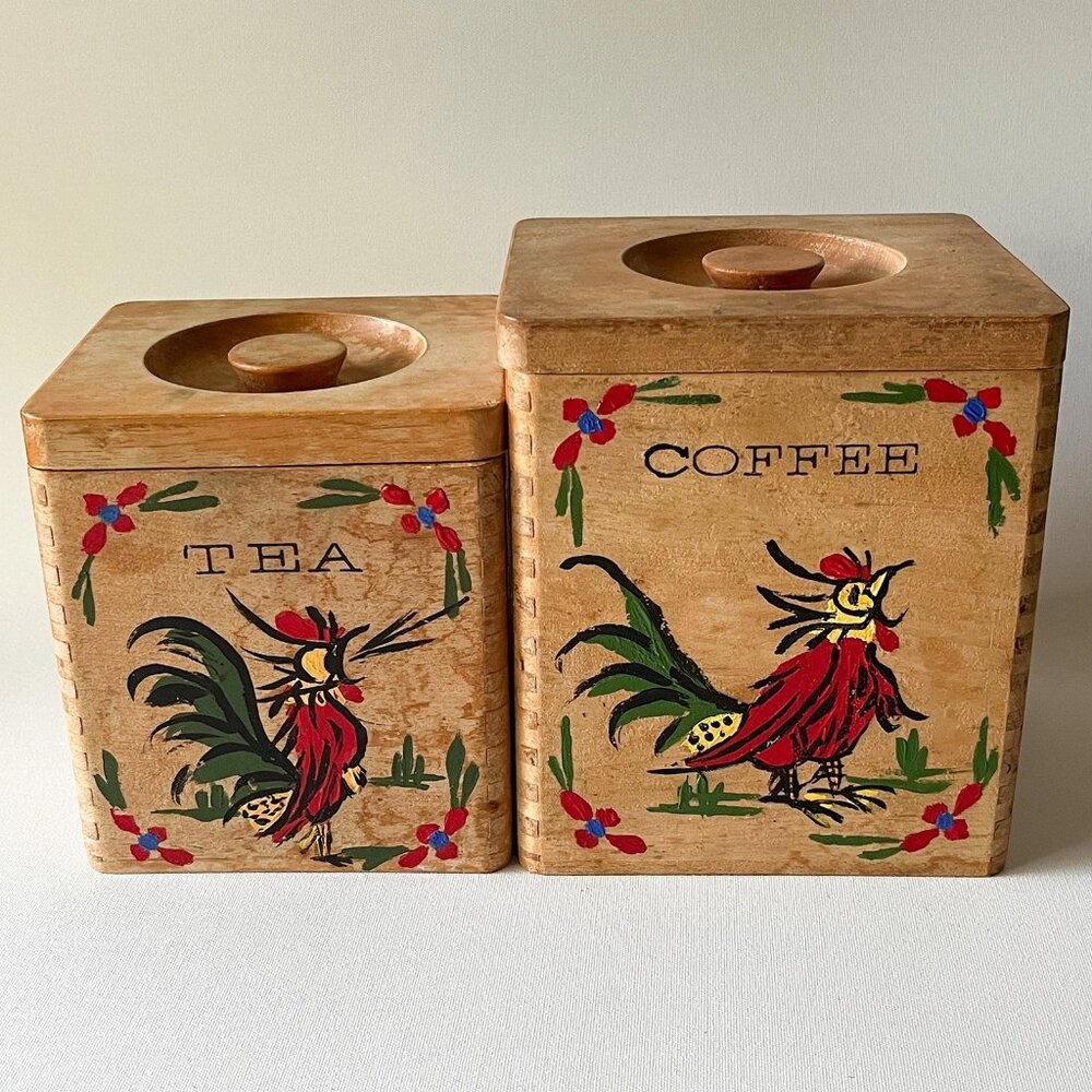 Vintage Rustic Coffee Tea Wood Canister Set w/ Hand-Painted Rooster Japan